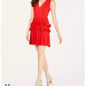 Foxiedox Red Pleated Mini Dress | Ruffle Detail | Size M | Retail $178